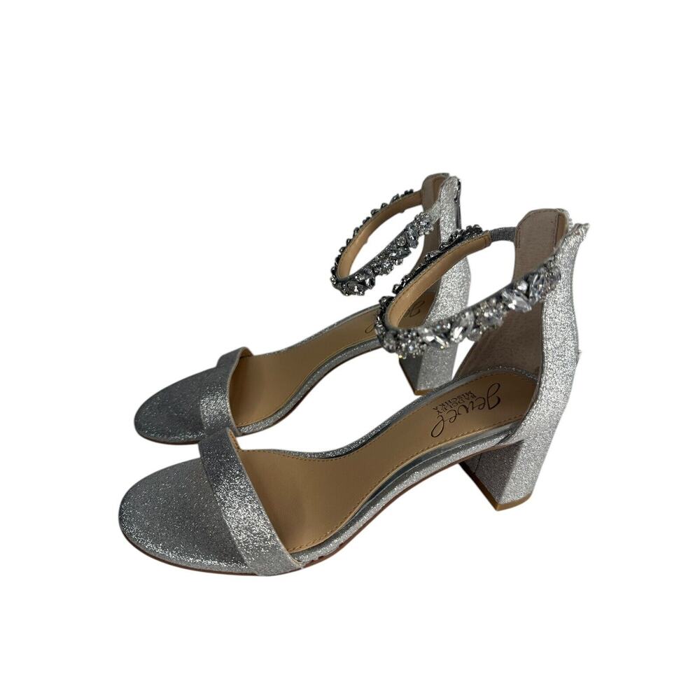 Jewel Badgley Mischka Catalina Silver Open‎ Toe Heels Shoes Sz 5 New imperfect